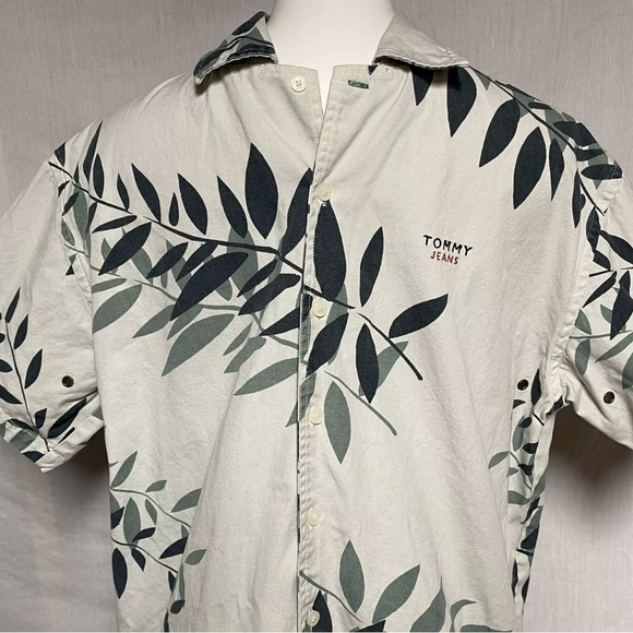 Vintage Tommy Jeans Heavy Cotton Button Down Shirt Men’s Beige Green Size Large - Picture 2 of 12